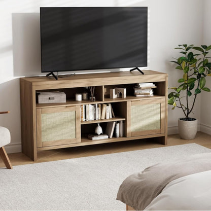 Boho TV Stand for TV up to 65 Inch,58"Modern Rattan Entertainment Center with Storage and Adjustable Shelves,Wooden Media TV Console Cabinet with Doors for Living Room/Bedroom/Apartment/Farmhouse(Oak)