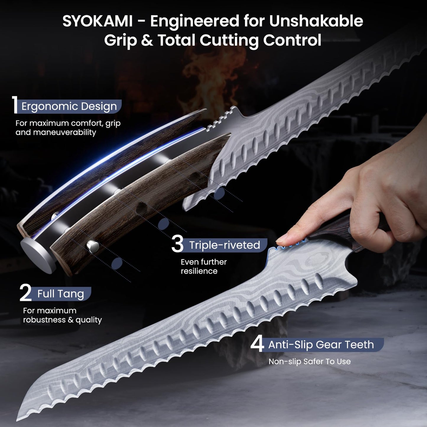 SYOKAMI 2026 New Upgraded Offset Bread Knife for Homemade Bread, 10.5 Inch Resharpenable Serrated Knife, Ultra-Sharp Sourdough Slicing, Perfect Kitchen Gift, Designed for Cutting Cakes, Fruits & Meat
