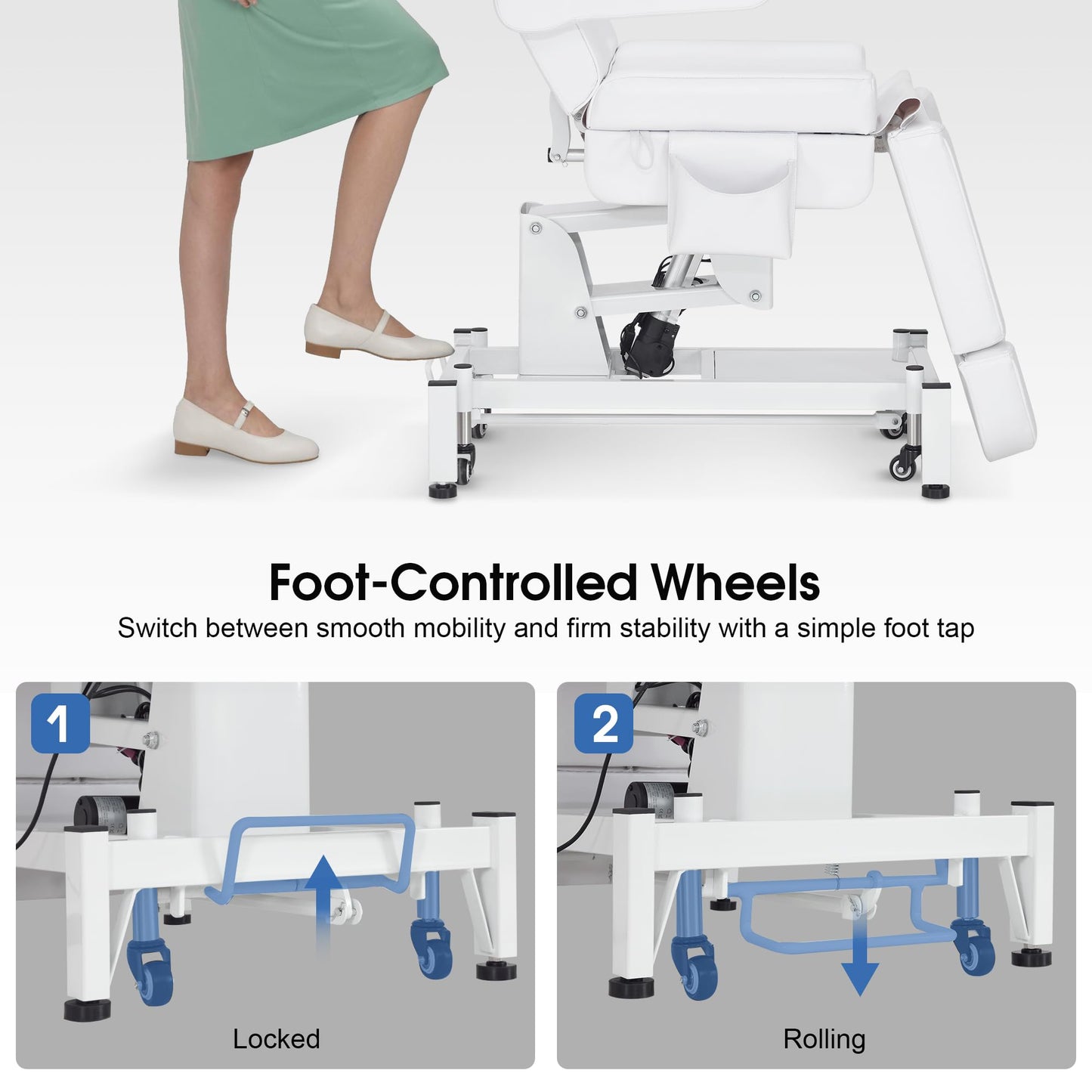 BarberPub Fully Electric Beauty Bed, 3-Motor Salon Spa Chair with Foot-Controlled Wheels, Adjustable Height, Backrest & Leg Rest – PVC Leather, Professional Facial & Treatment Table 2754 (White)