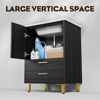 phiestina Fully Pre-Assembled Black 24 inch Bathroom Vanity with Sink, 2 Soft Close Doors and 2 Drawers Bathroom Storage Cabinet Set, with 3 Holes Single Ceramic Sink Combo, Faucet Not Included