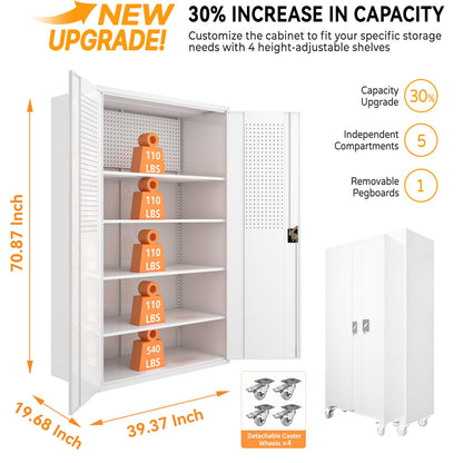 Large Metal Cabinet Two Lockable Metal Doors Four Wheels,Four Adjustable dividers can be Used as Tool File Storage Suitable for garages Schools Gyms Offices