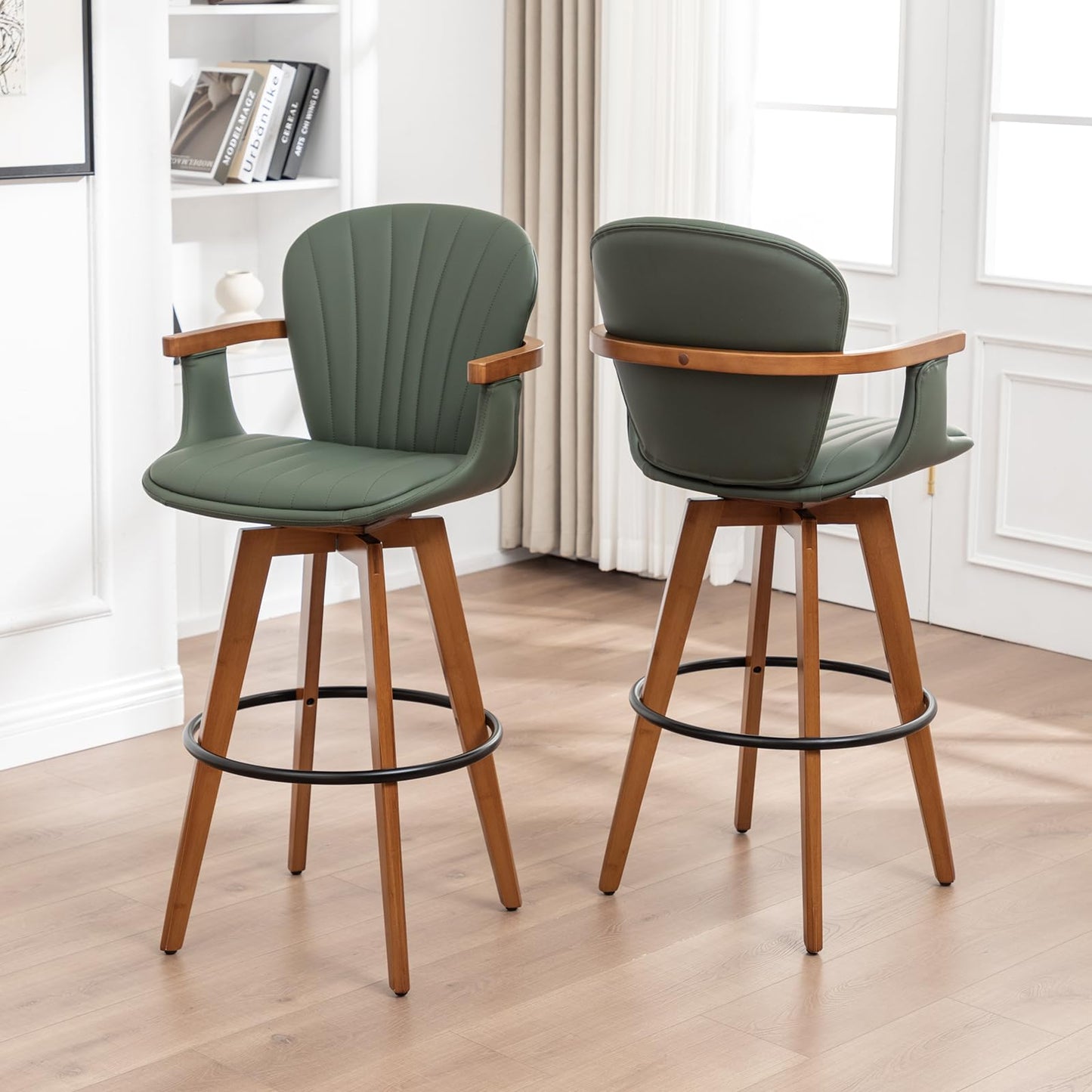 LUNLING 30” Bar Height Stools Set of 3.Mid Century Modern Bar Stools,Green PU Leather Kitchen Island Stools,Wood High Barstools Swivel with Back and Arms for Home Bar Furniture