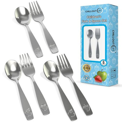 Chillout Life Stainless Steel Kids Silverware Set - Safe 6-Piece Flatware for Toddlers | Includes 3 Spoons & 3 Forks