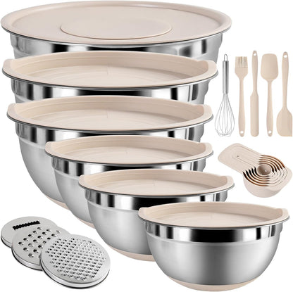 Skiennix Mixing Bowls Set - 20 PCS Kitchen Gadgets with Airtight Lids & Non-Slip Silicone Bottoms | Khaki