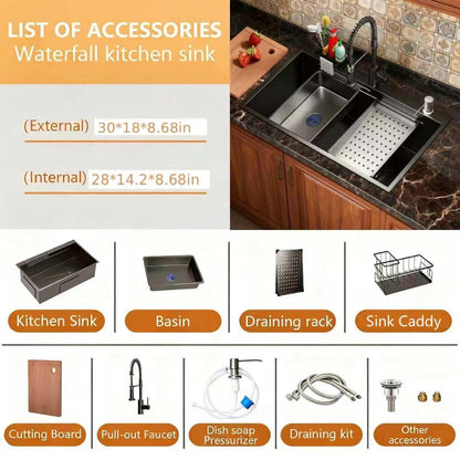 30 Inch Black Drop-In Stainless Steel Kitchen Sink: Single Bowl Deep Scratch Resistant 16 Gauge Workstation with Faucet & Accessories Combo for Family Kitchen