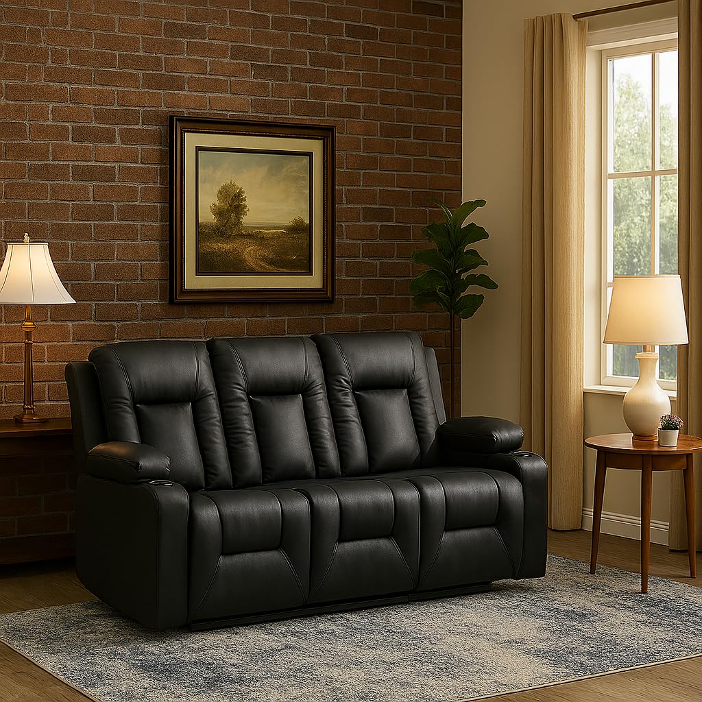 LUCKLIFE Leather Recliner Sofa Set with Manual Recliners,Living Room Furniture Set with Reclining Couch,Loveseat and Armchair,Living Room Chair with Cup Holders,Black (3+1)