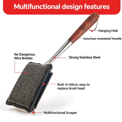 Bristle-Free Steam Cleaning Grill Brush Kit – Luxurious Long Rosewood Handle, Includes 1 Replacement Head – Safe BBQ Grill Cleaning for Outdoor Grill – Great Gift for Men/Dad