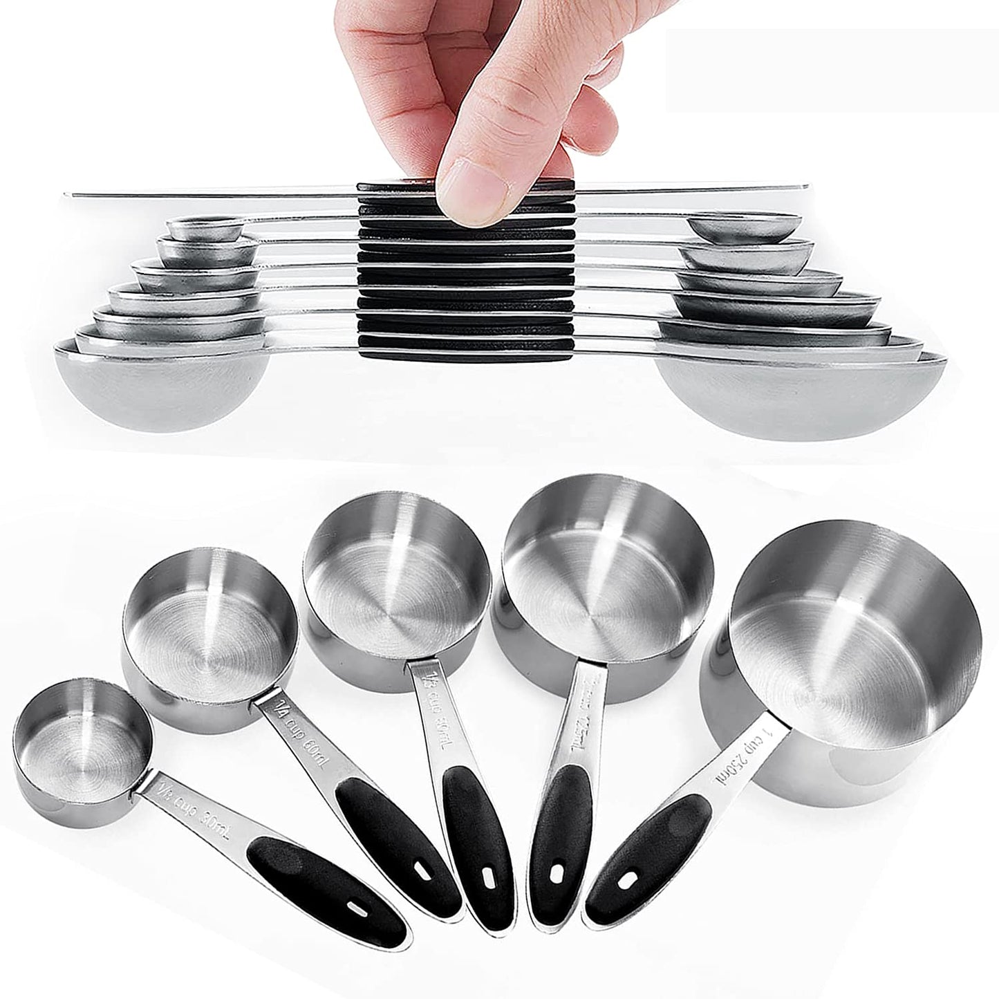 Measuring Cup and Magnetic Measuring Spoons Set, 5 Stainless Steel Nesting Measuring Cup & 7 Double Sided Stackable Magnetic Measuring Spoons & 1 Leveler, for Cooking Dry and Liquid Ingredient