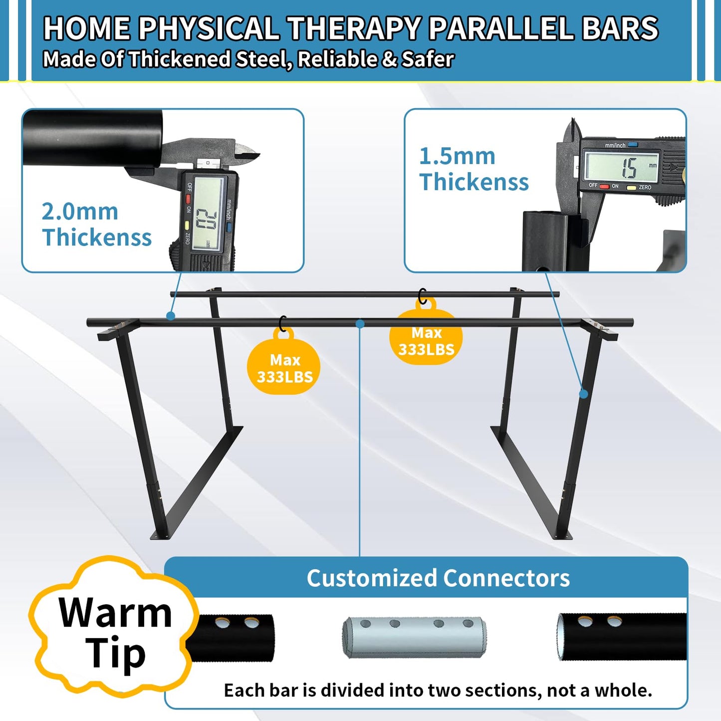 Physical therapy parallel bars, Walking assist bar for rehab & walking balance issues, Adjustable height & width (6FT)