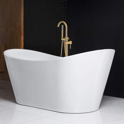WOODBRIDGE 67" Acrylic Freestanding Bathtub Contemporary Soaking White Tub with Brushed Gold Overflow and Drain,B0010-BG