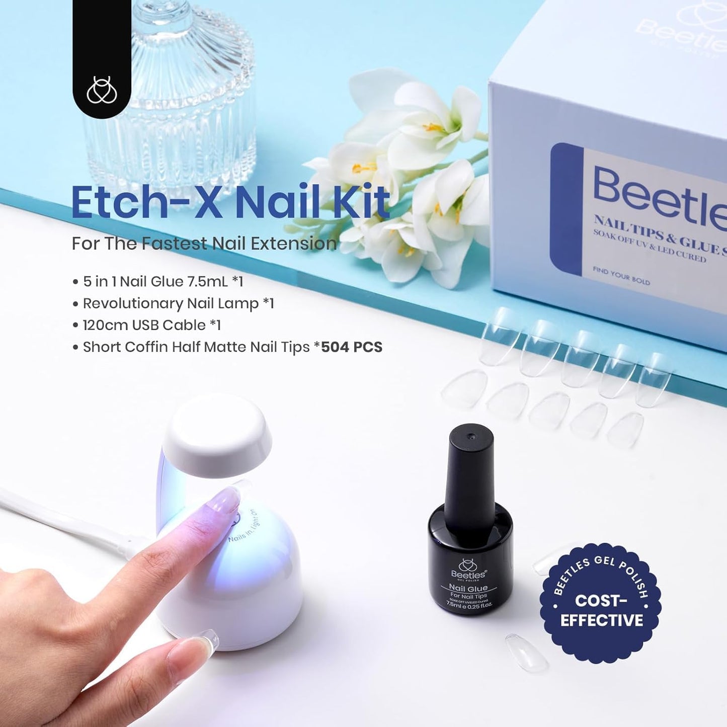 Beetles Gel Nail Extension Kit Almond Shape, Easy 9 in 1 Glue Uv Led Set Etch X Nail Tips Short Almond Half Matte Tips, Gift for Women & Girls, 504 pcs