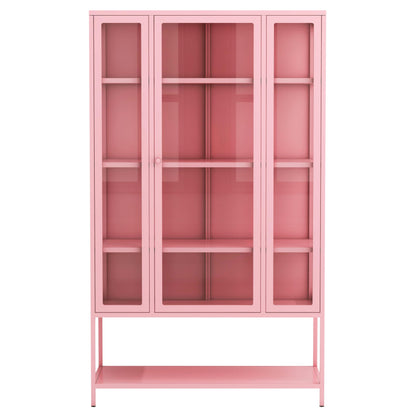 Merax 67" Tall Glass Display Cabinet with Adjustable Shelves and LED Lights, for Collectibles, Modern Steel Storage Curio Cabinet with 3-Sided Glass Display Case for Home Office Study Room, Pink