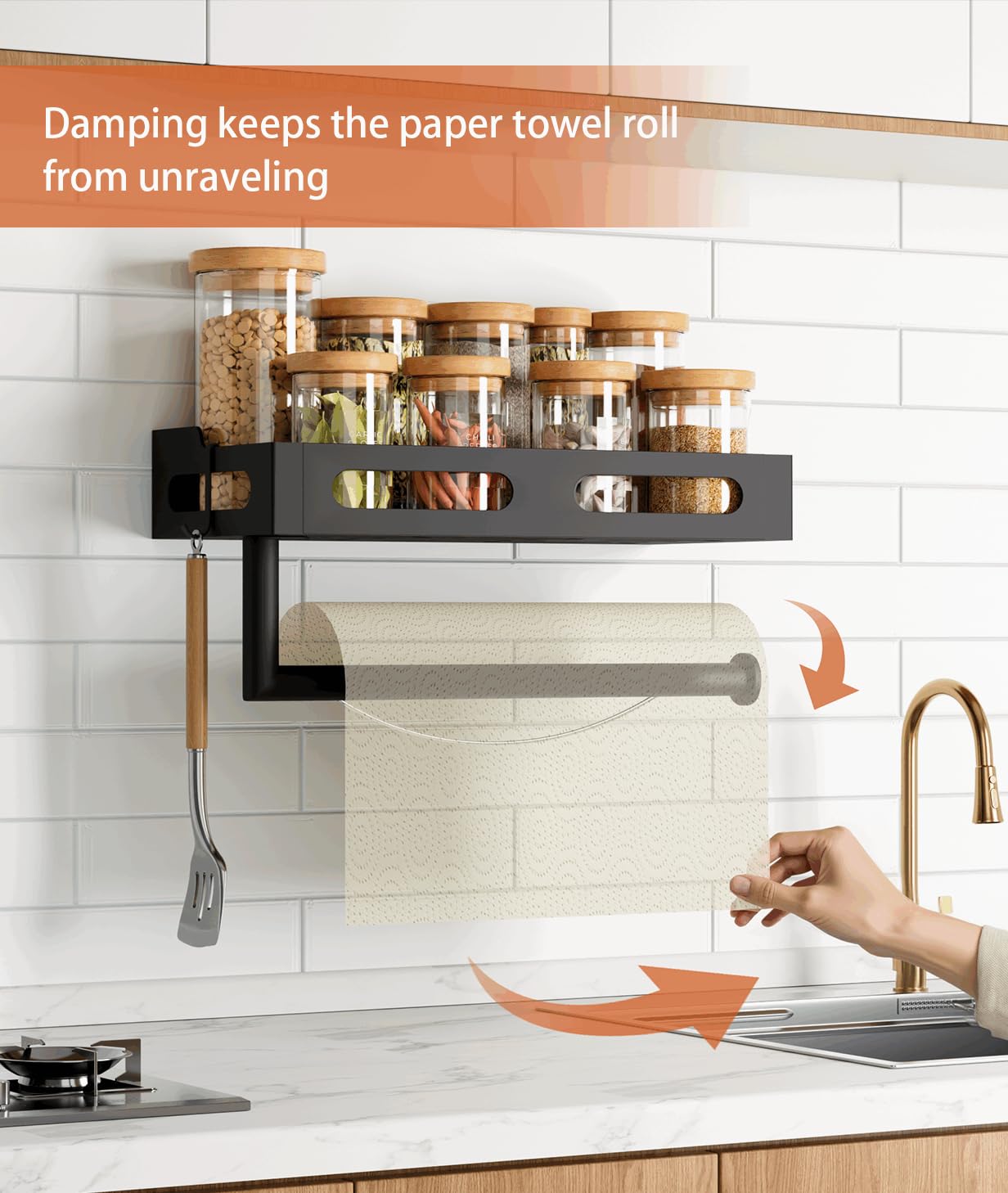 Paper Towel Holder Wall Mount for Kitchen, One-Handed Tear, Bathroom Paper Towel Holder with Shelf, RV Paper Towel Rack Wall Mount Paper Roll Holder with 4 Hooks, Matte Black
