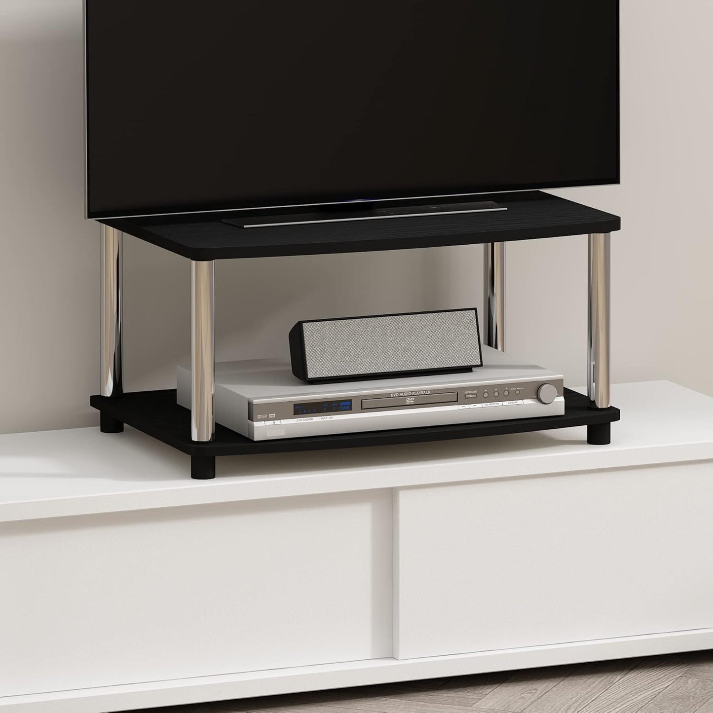 2-Tier 13191AMSS Furinno Turn-N-Tube No Tools Elevated TV Stand, Stainless Steel Tubes, Americano/Chrome