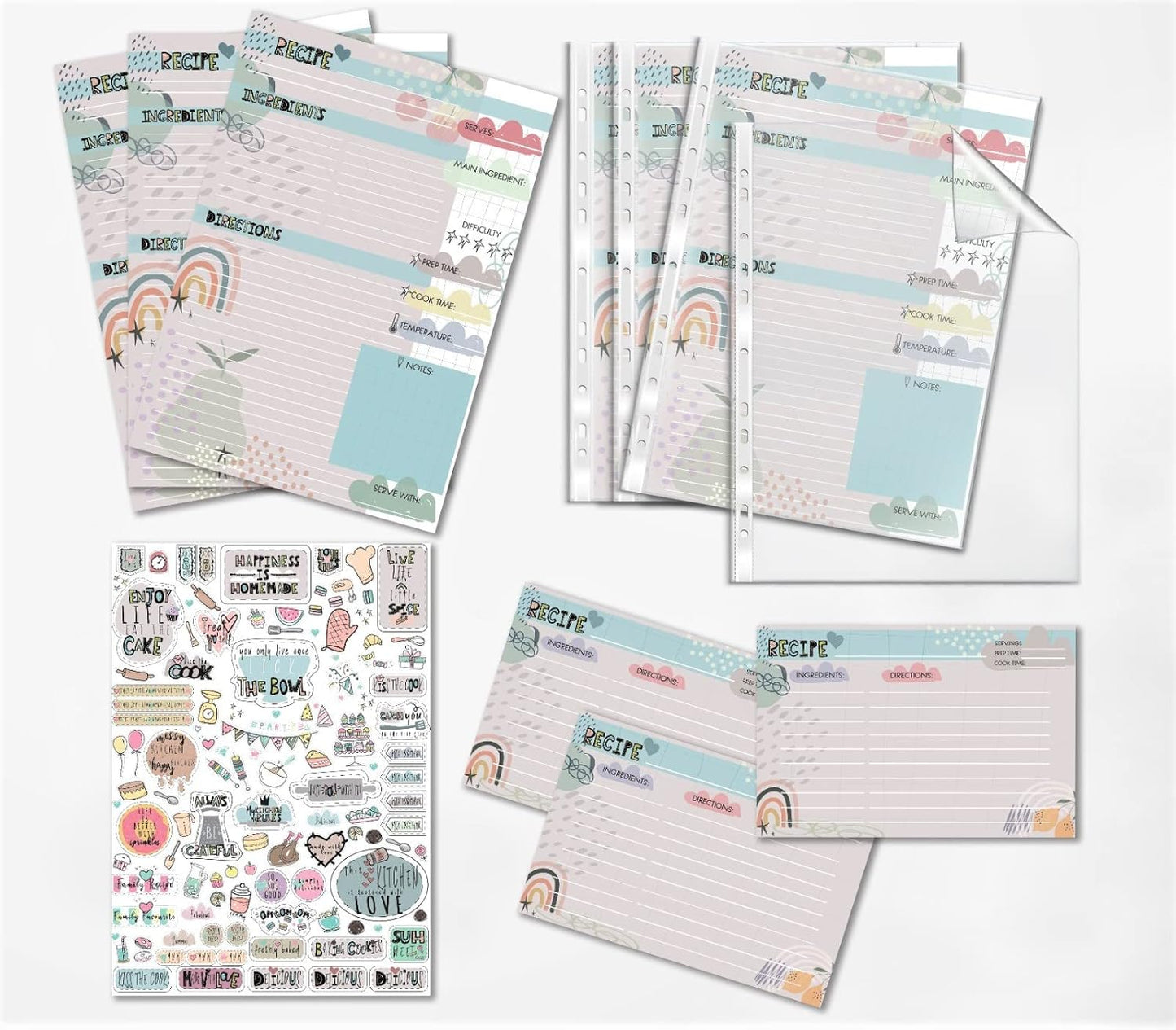 Recipe Binder Refill Pages: 30 4x6 Recipe Cards, 20 A4 Recipe Cards, 45 Page Protectors