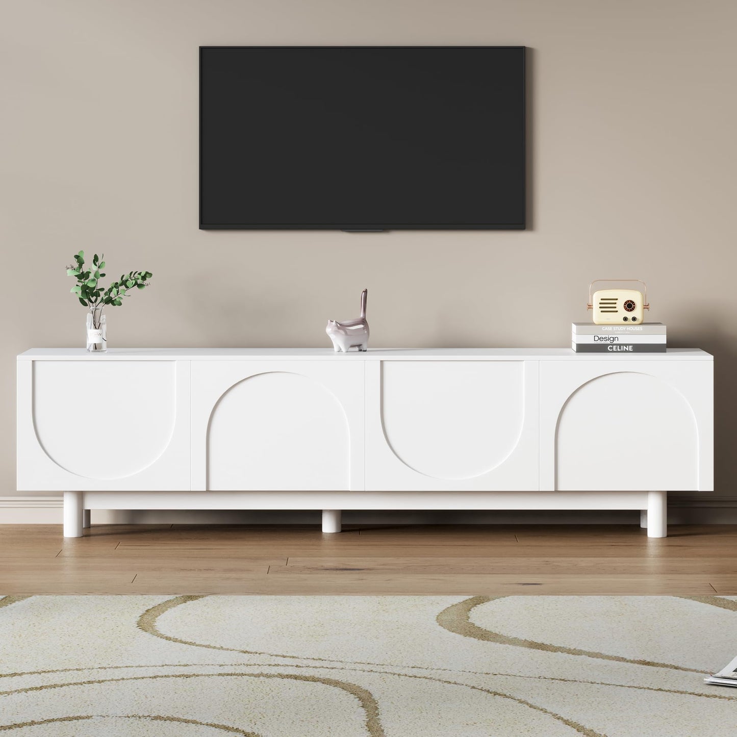 Ball & Cast Modern TV Stand with Arch Cabinets for TVs up to 78", Minimalist Entertainment Center w/Solid Wood Legs and Adjustable Shelves, Media Console for Living Room,White