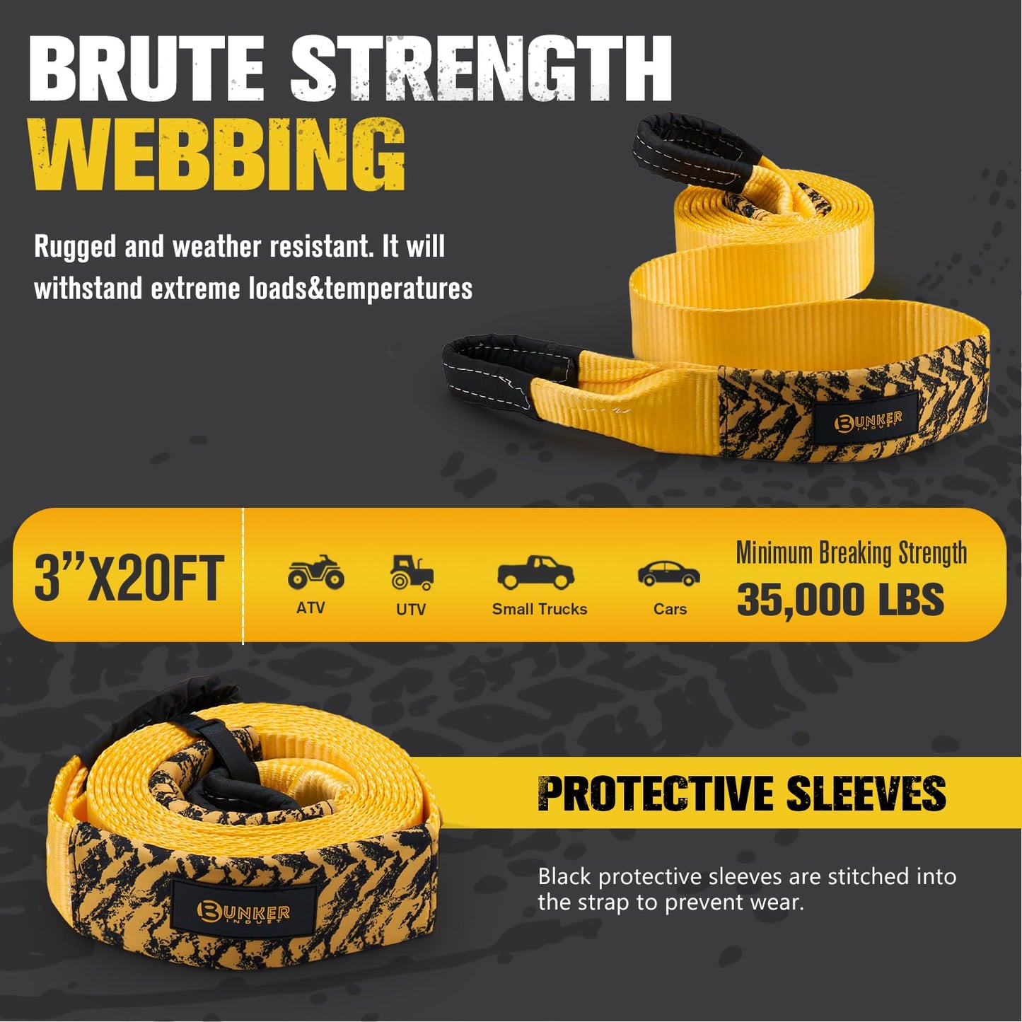 BUNKER INDUST Offroad Traction Boards with Jack Base + 3" x 20ft Tree Saver Winch Strap 35,000 lbs Recovery Straps