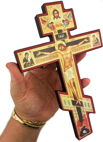 Wooden Wall Crucifix Religious Gifts - Three Bar Orthodox Cross with Prayer, 6 Inch, Save Us