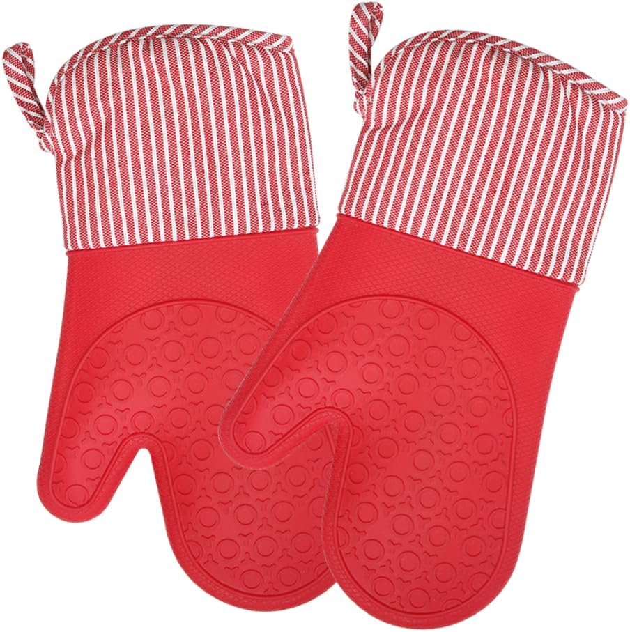 MIJOTEX Heat Resistant Silicone Oven Mitts, Set of 2 Extra Long Quilted Liner, 13 inch (RED)