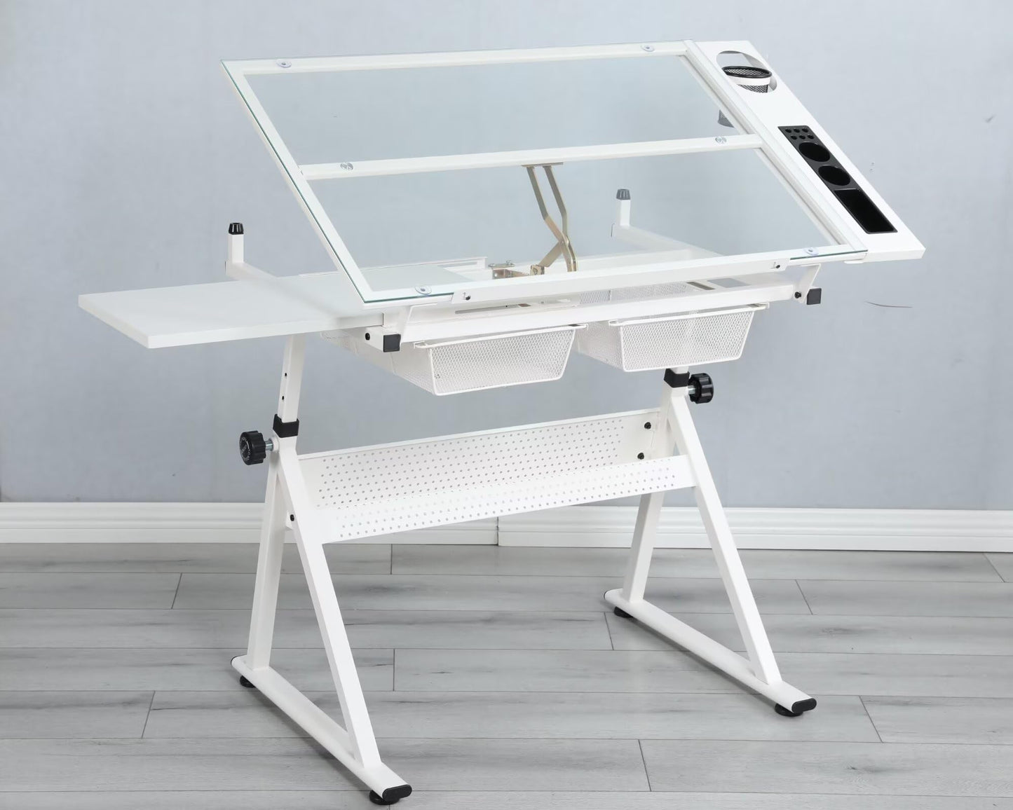 Adjustable Tempered Glass Drafting Table with Chair,Ergonomic Tilting (0-75°) & Height-Adjustable (31.5"-49.5"),Anti-Slip Feet,Storage Drawers for Drawing,Painting,Office Work,Artists,Designers,White