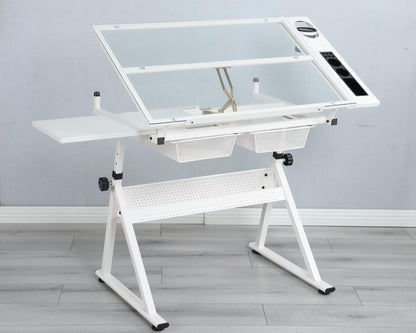 Adjustable Tempered Glass Drafting Table with Chair,Ergonomic Tilting (0-75°) & Height-Adjustable (31.5"-49.5"),Anti-Slip Feet,Storage Drawers for Drawing,Painting,Office Work,Artists,Designers,White