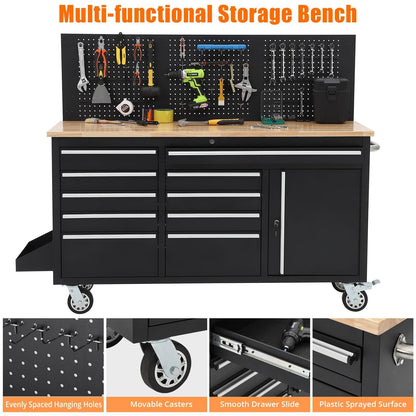 61-Inch Rolling Tool Chest with 10 Drawers & Power Strip, Solid Rubber Wood Top, 1675 LBS Load Heavy Duty Mobile Workstation, Locking System and Drawer Liners for Garage Warehouse Shop, Black