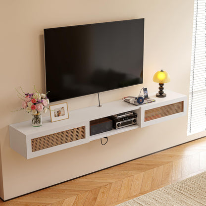 FurniNova 70" Floating TV Stand with Rattan Doors,Boho Wall Mounted Media Console Entertainment Center with 3 Cabinets,White
