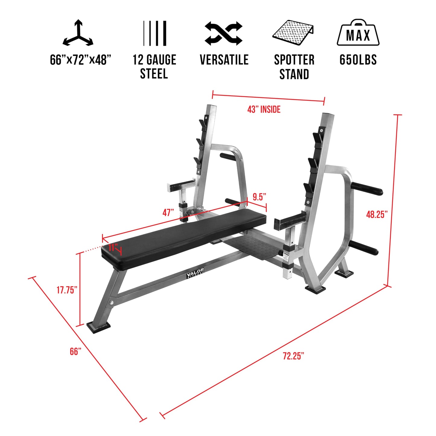 Valor Fitness Olympic Weight Bench Press Station - Spotter Arms - Adjustable Safety Catch- Max 500 lbs - Plate Storage Pegs - Home Gym Equipment