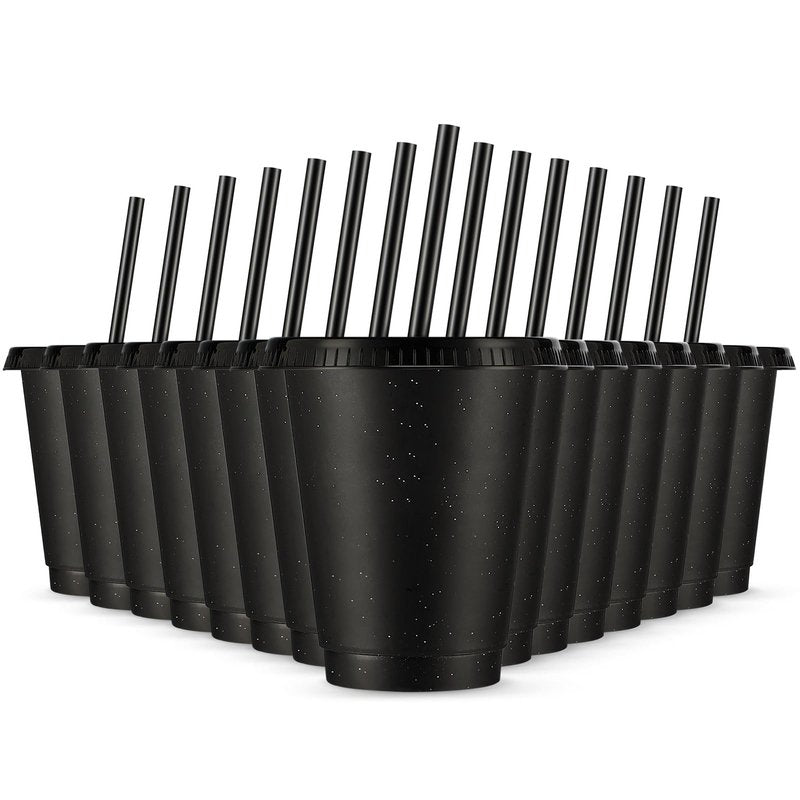 Rtteri 15 Pcs Reusable Cups with Straws and Lids 16 oz Glitter Tumblers Plastic Party Favor Cups with Lids Travel Mug Tumbler for Easter Graduation Party Iced Beverage Water(Black)