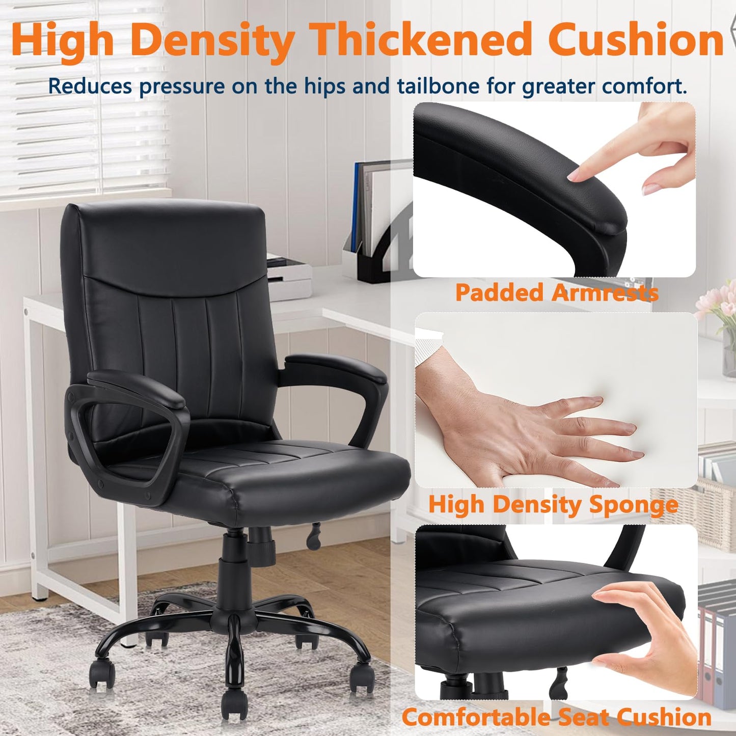 CLATINA Leather Ergonomic Office Chair with Lumbar Support and Padded Armrestes, Swivel Rolling Executive Mid Back Computer Task Desk Chair for Home, Conference, Waiting Room, Black, 4 Pack