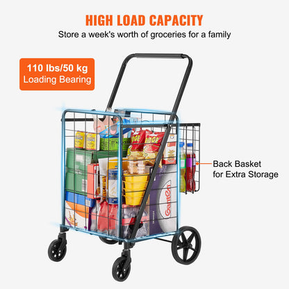 VEVOR Folding Shopping Cart, Jumbo Grocery Utility Cart with Double Baskets, 360° Swivel Wheels, 110 LBS Large Capacity Heavy Duty for Laundry, Shopping, Grocery, Luggage, Black