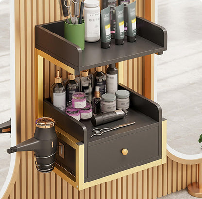 ZGSYH Suspended Salon Wall Cabinet,2 Tiers Wall Mount Salon Station with Drawer and Hair Dryer Stand,Barber Station for Barbershop,Home,Beauty Shops(Black-Gold)