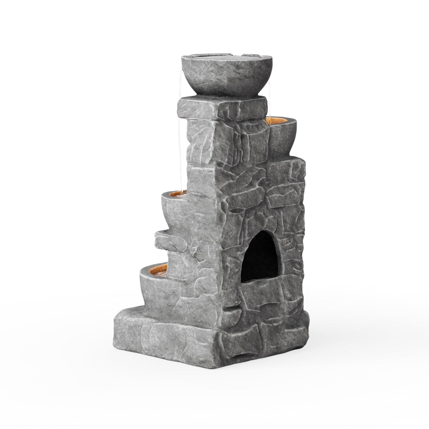 Teamson Home 33" Outdoor Water Fountain with LED Lights, 3-Tier Cascading Bowls, Weather-Resistant Resin Garden Water Feature for Patio, Lawn, and Backyard Decor – Stone Gray