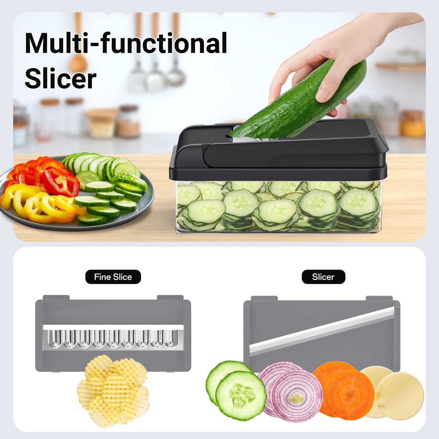 SpaceHacks 12-in-1 Vegetable Chopper, Kitchen Gadgets with 7 Blades, Veggie, Food, Onion Chopper, Cucumber Slicer, Versatile Mandoline, Includes Egg Separator & Finger Guard, Gray