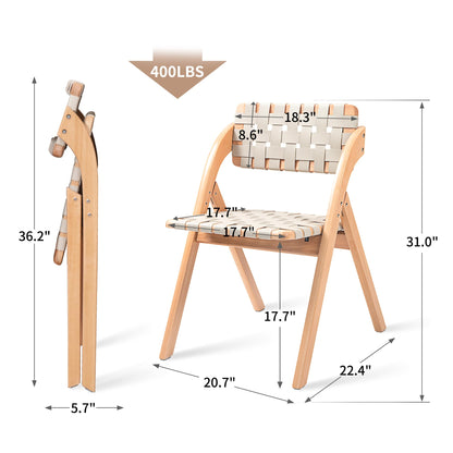 HOMEFUN Folding Dining Chairs Set of 2, Wooden Foldable Chair with Leather-Woven Backrest and Widened Seat Extra for Guests Kitchen Office Wedding Picnic Ivory-White