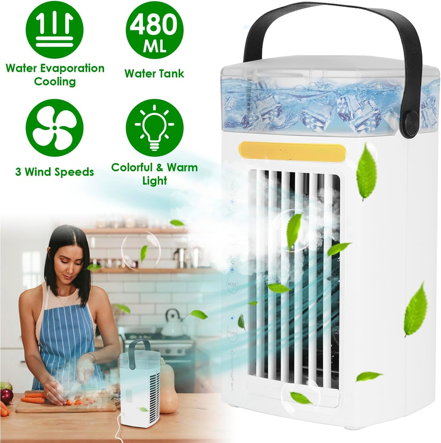 Portable Air Conditioners, Evaporative Cooler with Water Mist, USB Powered Mini Fan for Bedroom Office Home