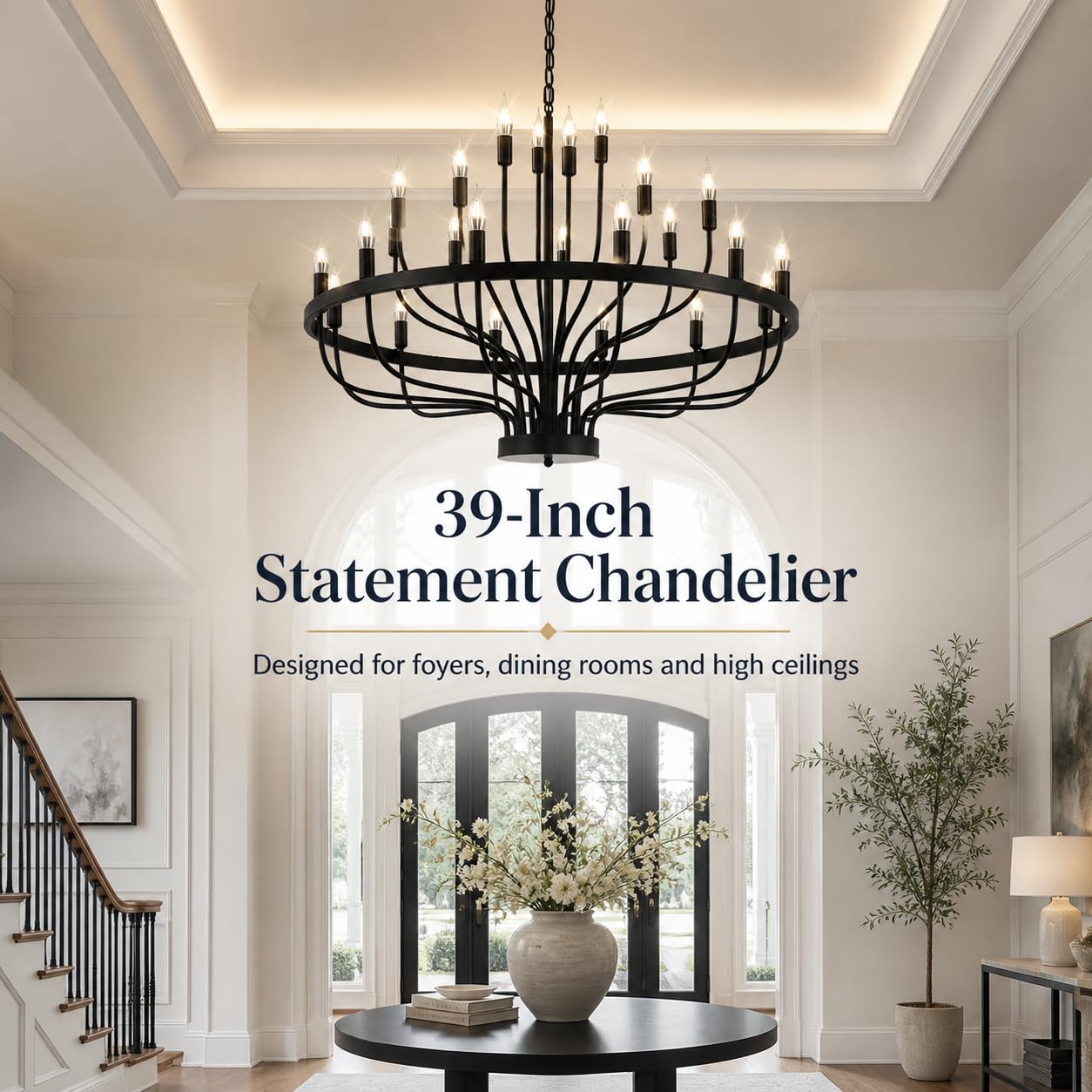 Shandaglo Large Black Chandelier 24-Light, Round 3-Tier Wagon Wheel Fixture, 39 in Farmhouse Candle Pendant with E12 Base for Dining Room, Foyer, Living Room, Hallway, High Ceiling