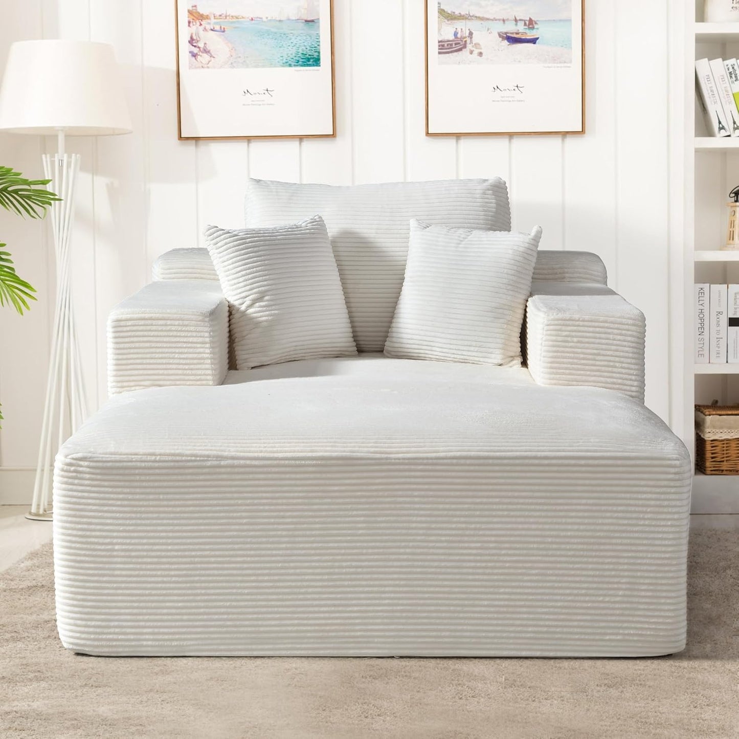 Container Furniture Direct Monroe Convertible Chaise Lounge Chair Indoor – Oversized Corduroy Couch with Wide Armrest & Throw Pillows, Cozy Boneless Sleeper Sofa Bed Armchair, Beige