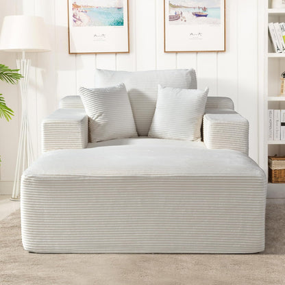 Container Furniture Direct Monroe Convertible Chaise Lounge Chair Indoor – Oversized Corduroy Couch with Wide Armrest & Throw Pillows, Cozy Boneless Sleeper Sofa Bed Armchair, Beige