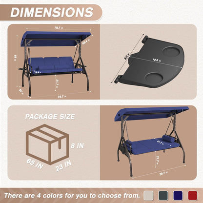 Patiomore 3 Seat Outdoor Porch Swing Bench, Adjustable Canopy Swing Chair, Convertible Backrest Swing Bed with Pillow & Cup Hold and Thicken Cushions, Dark Blue