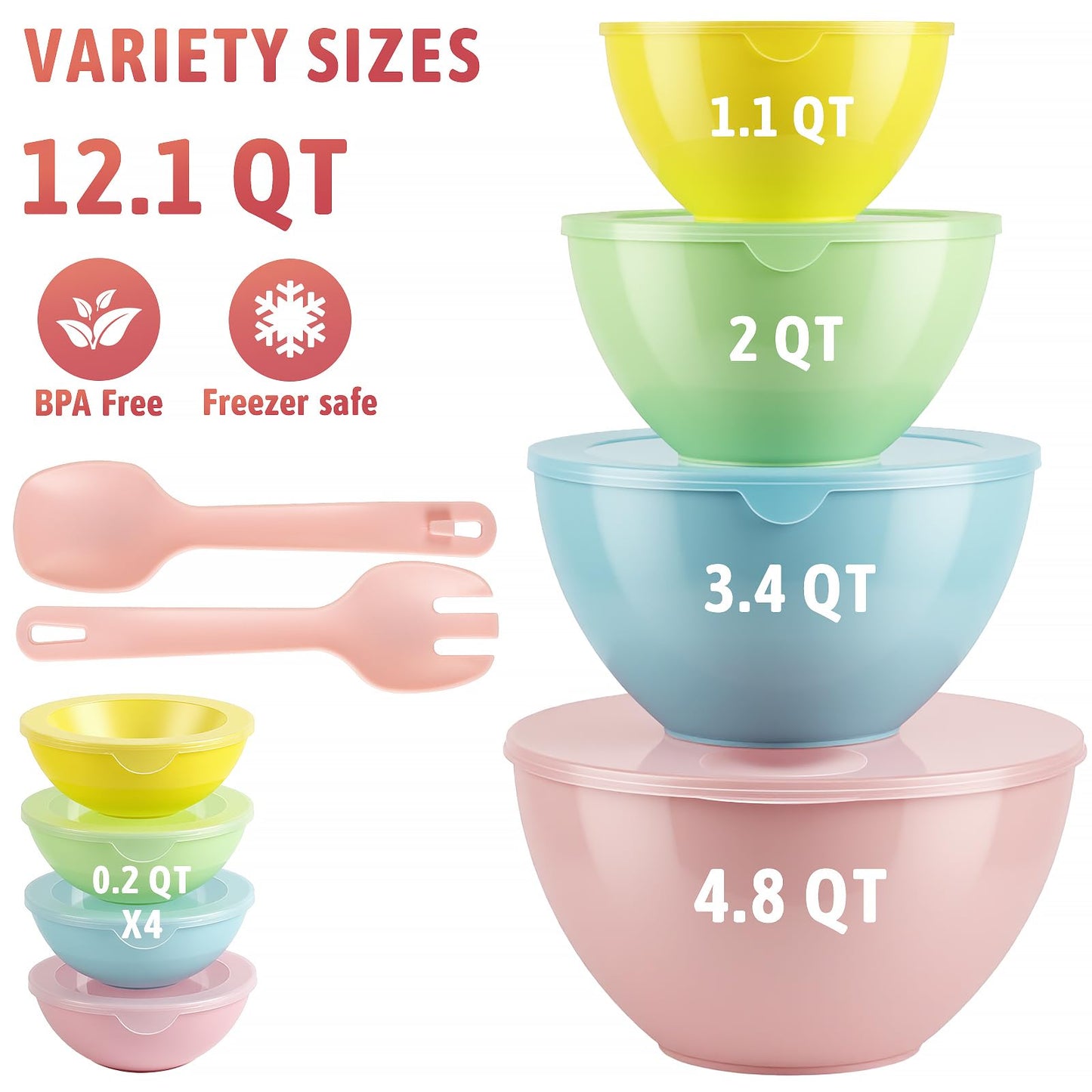 16 Piece Plastic Mixing Bowls with Lids Set - Nesting Bowls Set includes 8 Prep Bowls and 8 Lids, 2-in-1 Spoon-Fork, Large Salad Bowl for Preparing, Serving, and Storing, Dishwasher & Microwave Safe