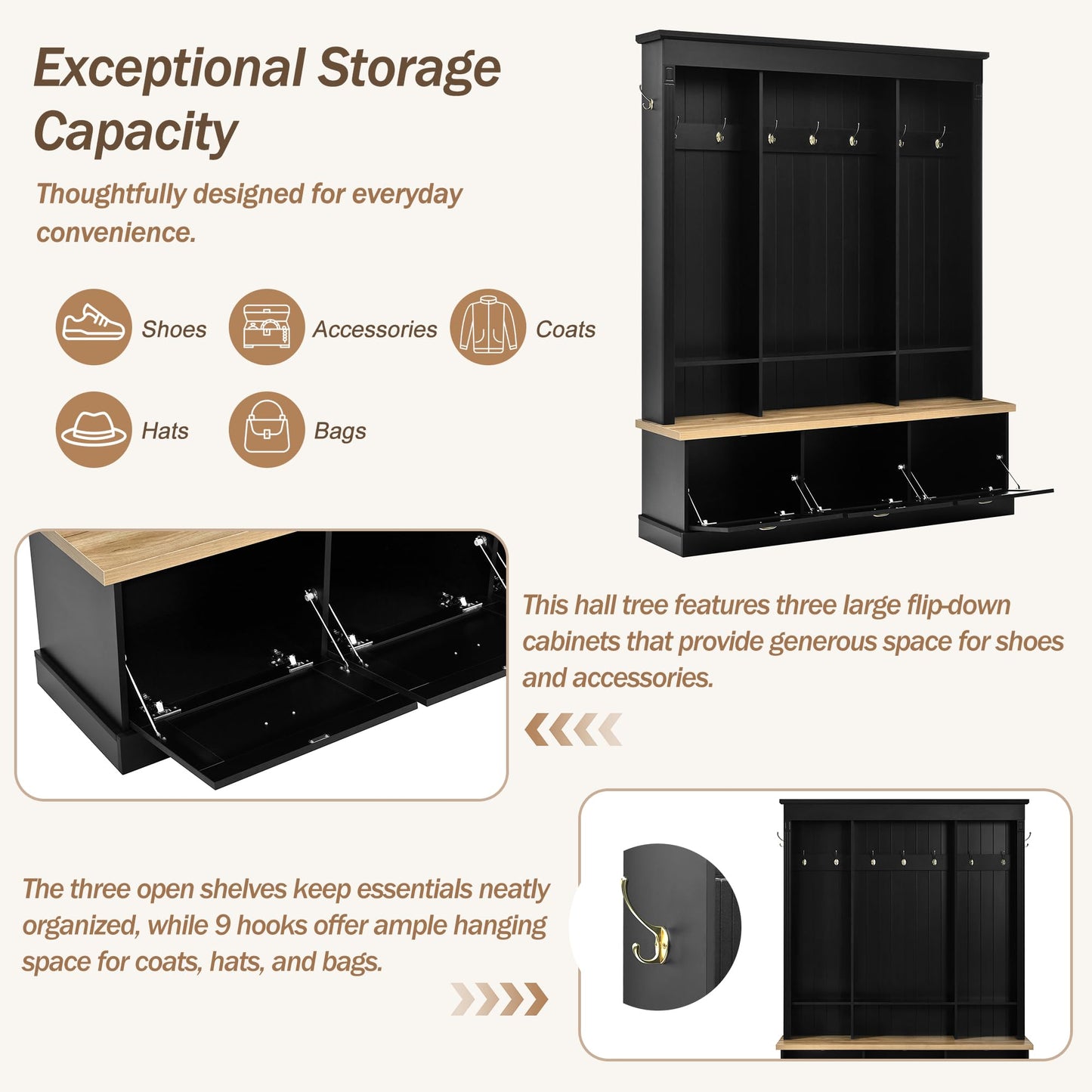 Merax Hall Tree with Bench with LED, 9 Hooks & 3 Cabinets, Farmhouse Entryway Storage Organizer with Rack, Hall Tree with Bench and Storage, Black
