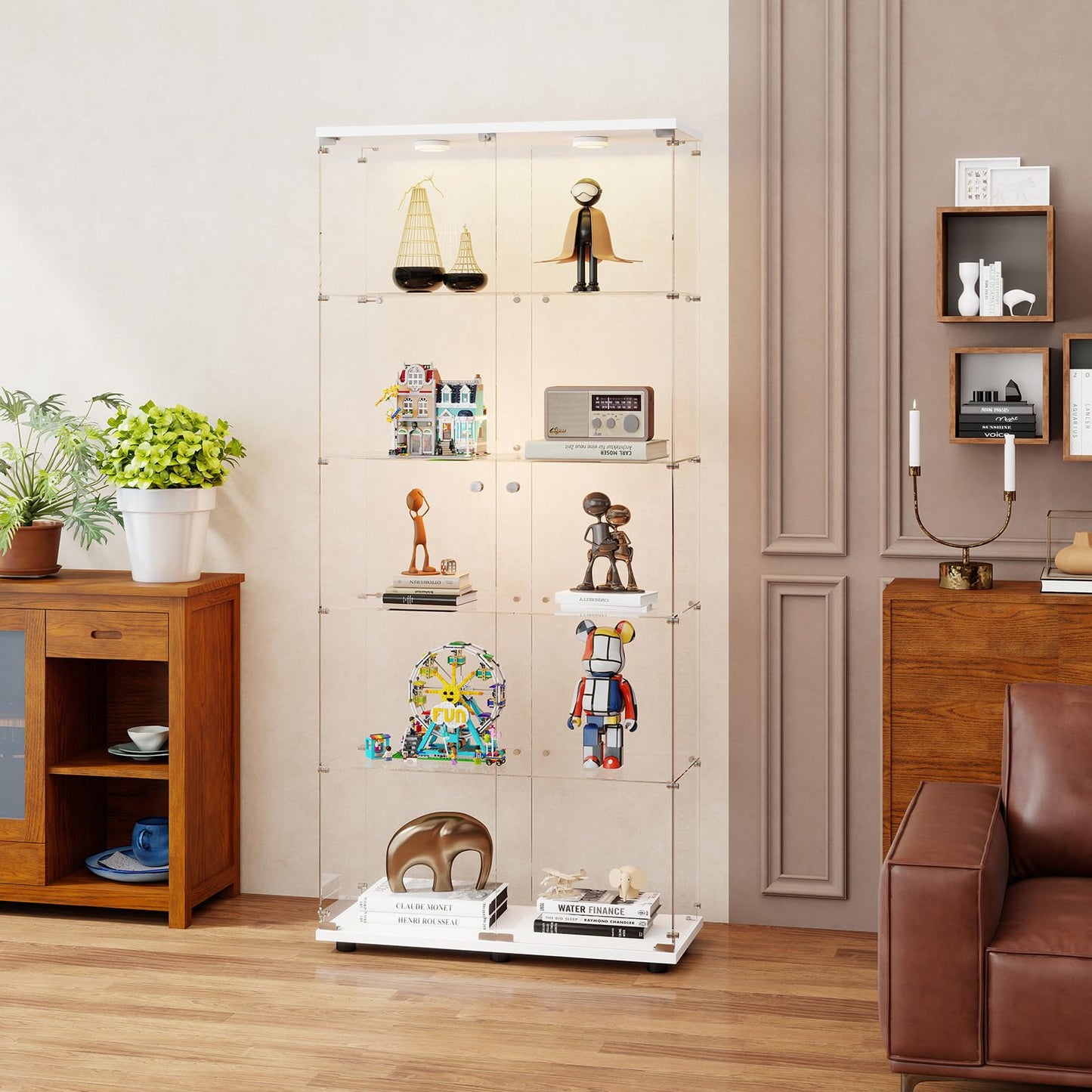 Zevemomo 5-Tier Tempered Glass Display Cabinet with Lights, Curio Cabinet with Glass Doors and Lock, Glass Display Case for Collectibles, for Living Room Bedroom Office, Double Door, White