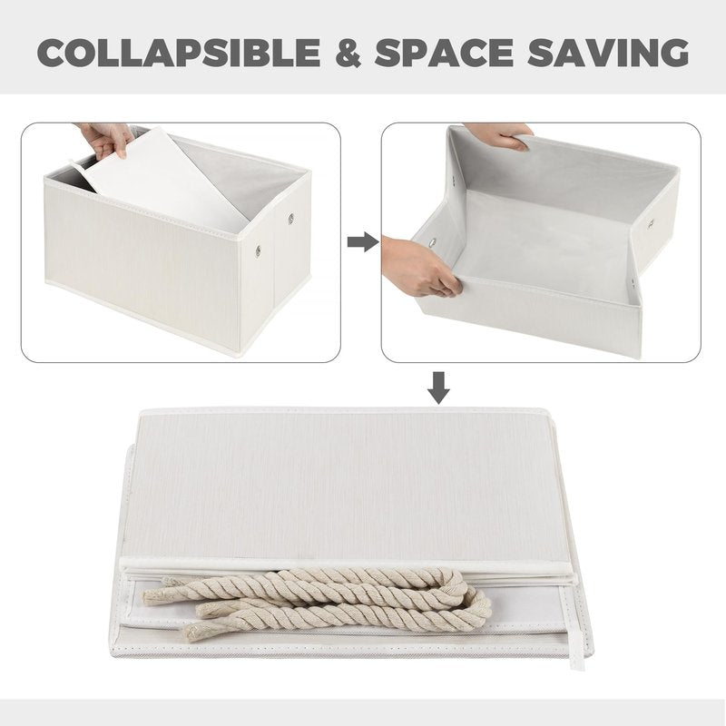 Set of 3 Fabric Bins for Organization - Foldable & Stackable With Lid & Rope Handles - Collapsible Fabric Storage Cubes Lightweight & Sturdy Bottom, Space Saving Collapsible Bin, Ivory