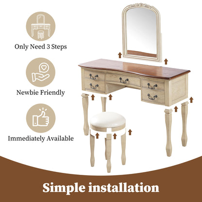 Merax 46" Vintage Makeup Vanity with Curved Flower Frame Mirror, Elegant Dressing Table with 5 Drawers and Leather Stool, Vanity Desk with Solid Wood Legs and Antique Handles for Bedroom