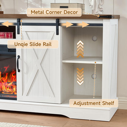 ROCKPOINT 58" Fireplace TV Stand for TV up to 65 Inch with Farmhouse Tall Sliding Barn Doors, Entertainment Center with Storage Cabinet, 23" Electric Fireplace with Remote, White