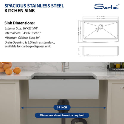 Sarlai 36 Farmhouse Sink Stainless Steel - 36x22 Inch Kitchen Sink Ledge Workstation Apron Front Single Bowl 16 Gauge Stainless Steel Luxury Undermount Farm Kitchen Sink