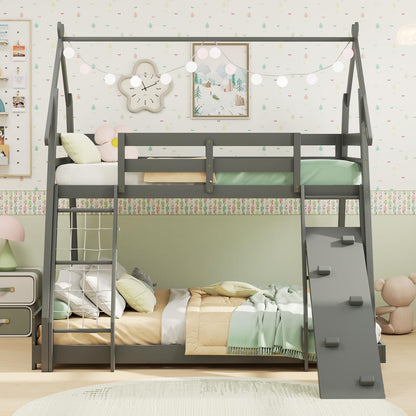 KOTEK Twin Over Queen Bunk Bed, House Bunk Beds with Climbing Nets and Ramp, No Box Spring Needed, Solid Wood Low Bunk Bed Frame for Kids Boys Girls (Grey)