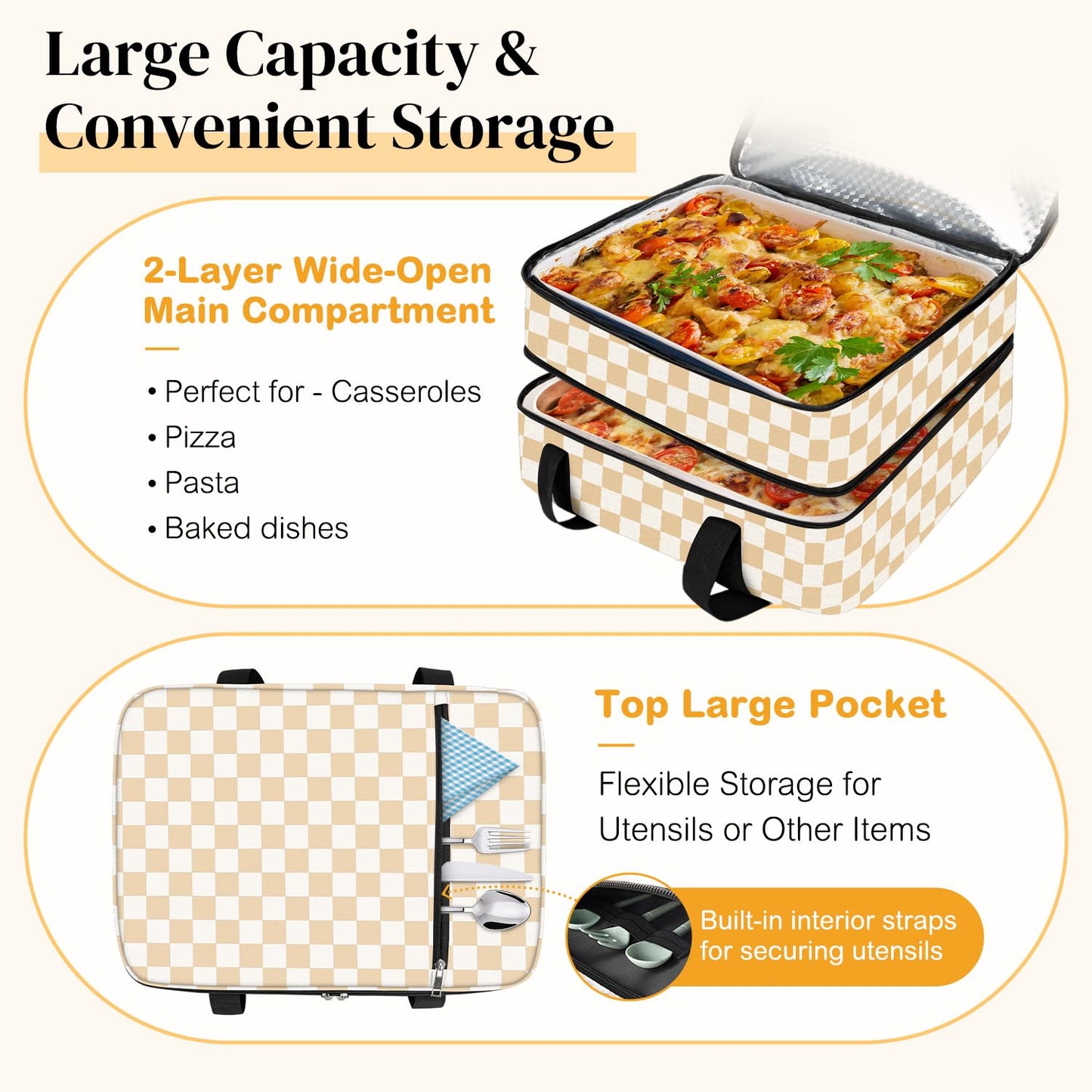 Coobiiya Insulated Casserole Carrier,Lasagna Lugger Tote Keeps Food Hot or Cold,Thermal Lunch Bag Warmer & Cooler Carrier Bag,Portable Tote Bag Fits 9" x 13" Baking Dish for Picnic and Cookout