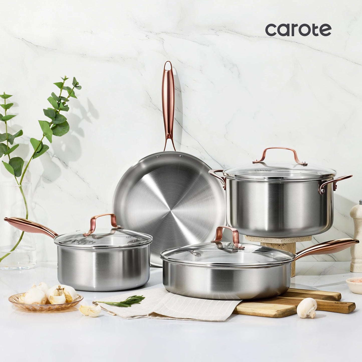 CAROTE 3-Piece Tri-Ply Stainless Steel Frying Pan Set, Skillet Set 8"/10"/12", Induction Compatible, Oven & Dishwasher Safe, Gold Handle